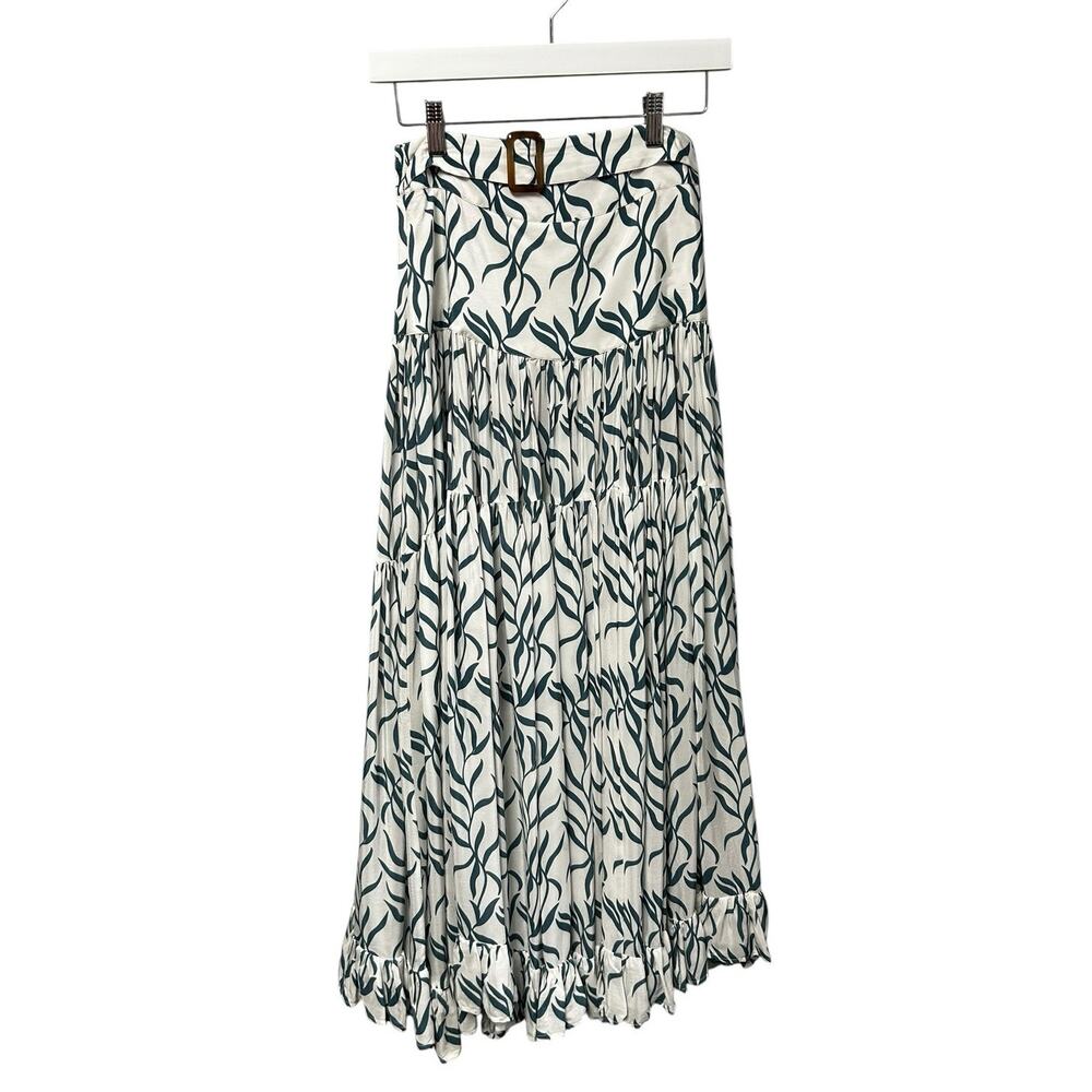 Alexandra Miro Blue White Printed Belted Tiered Viscose Midi Skirt Womens XS